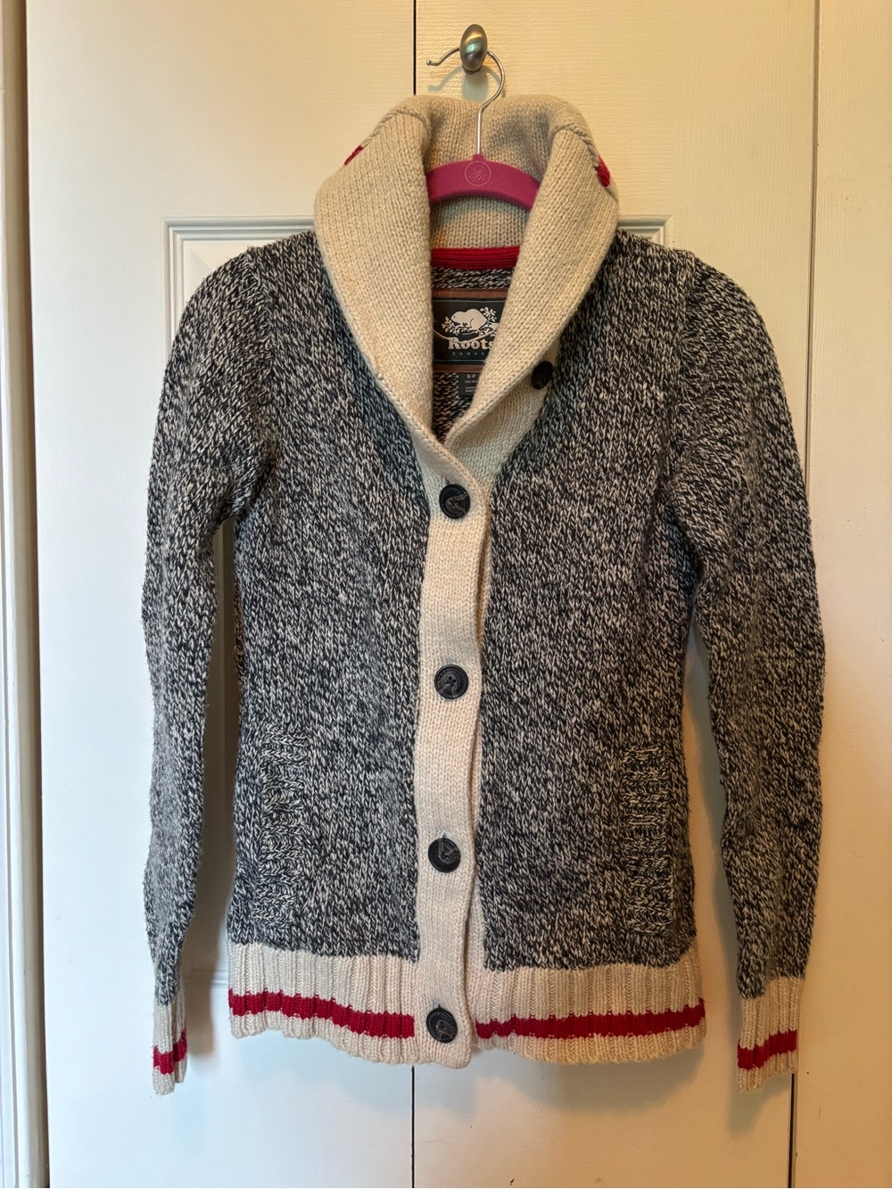 Roots Sock Monkey Black & Cream Cardigan with Red Accent